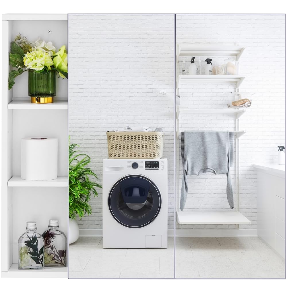 Yaheetech Armario de Baño de Pared con Espejo 70 × 15 × 65 cm 1 Estante de Altura Ajustable 2 Puertas 3 Taquillas Armario en Baño