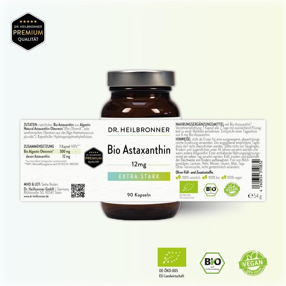 Dr. Heilbronner Astaxanthin 12mg Kapseln hochdosiert in der Glasflasche 90 Stk. I Antioxidantien aus der Vitalalge Haematococcus Pluvialis I Supplements Carotinoide vegan glutenfrei & lactosefrei