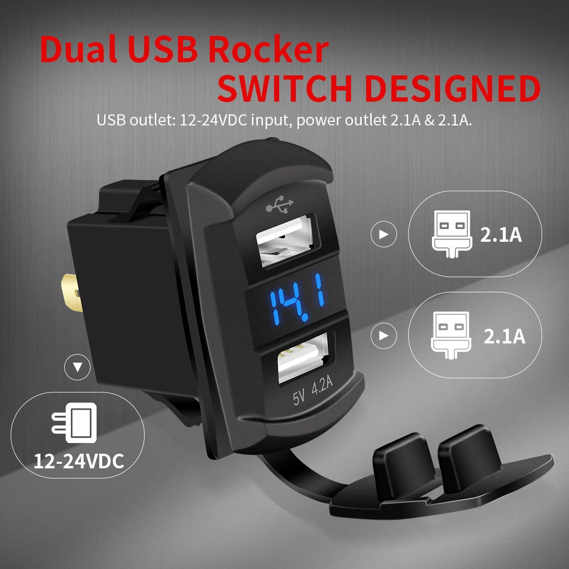 DAIERTEK USB Rocker Switch 12V Dual Charger Ports 4.2A Socket Red LED with 1-Slot Rocker Switch Panel Housing Holder -2Pcs