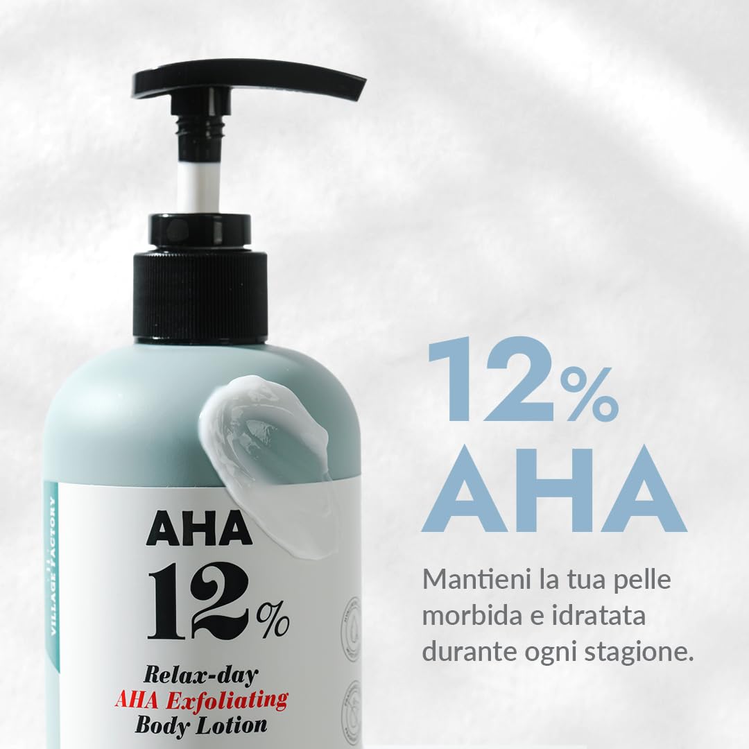 VILLAGE 11 FACTORY lozione per il corpo con acido glicolico AHA 12% (300 g), peeling e ringiovanimento, rimozione delicata delle cellule morte, senza profumo, senza parabeni (AHA Body Lotion)