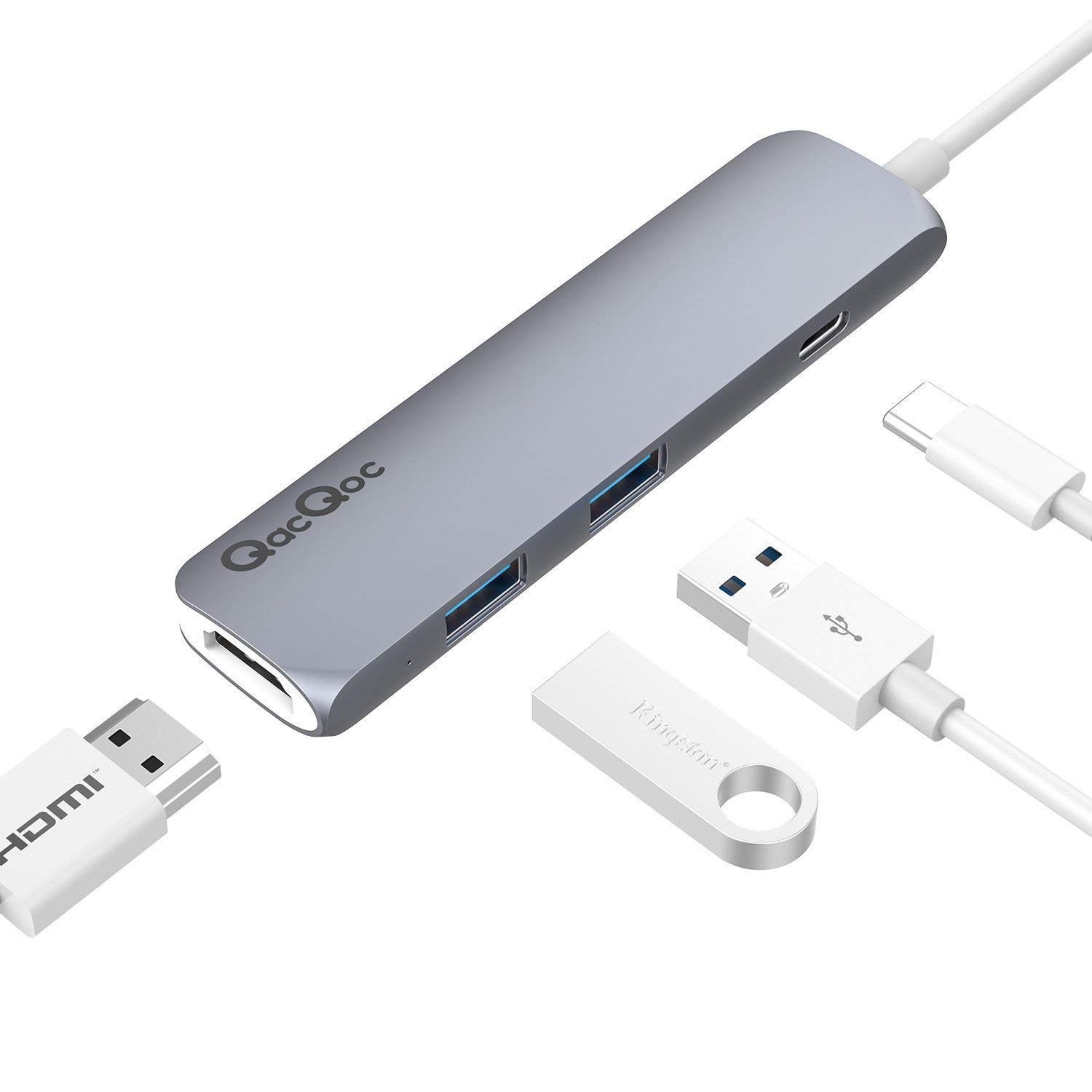 USB C to HDMI Hub Adapter, QacQoc GN22B Type C Converter with 4K@30Hz HDMI, Type C Pass Through Charging Port and 2 USB 3.0,Compatible with MacBook/Pro (2015/2016/2017/2018) Air 2018(Gray)