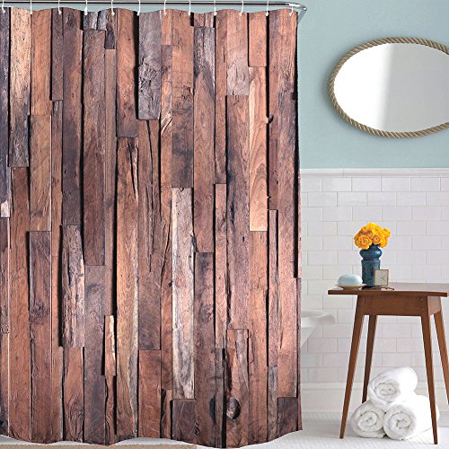 Exoticbuy Duschvorhang mit Haken, Holzplanken-Muster, wasserdicht, Polyester, multi, 180x180cm