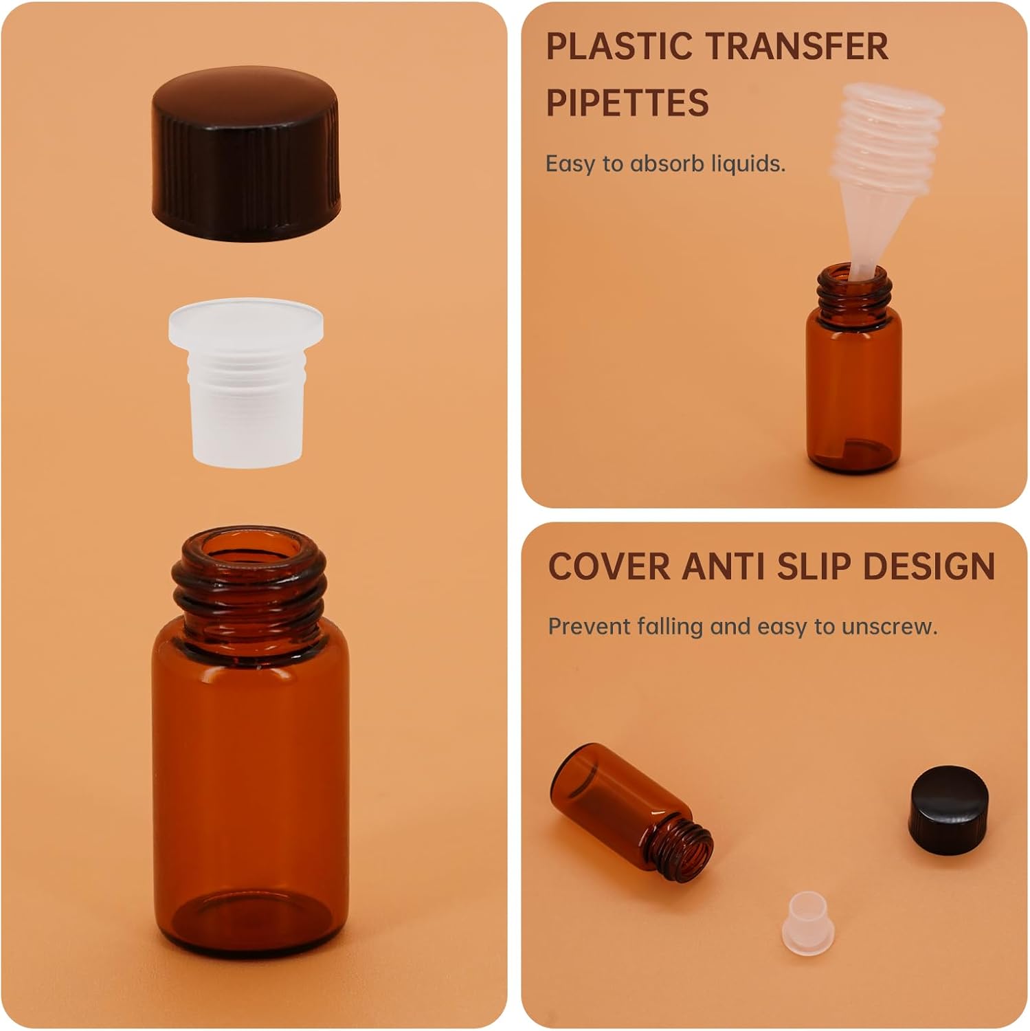 12Pcs Amber 3ML Mini Glass Bottles Clear Essential Oil Vials Empty Cosmetic Sample Containers with Black Lid for Essential Oils, Perfumes, Aromatherapy (12)