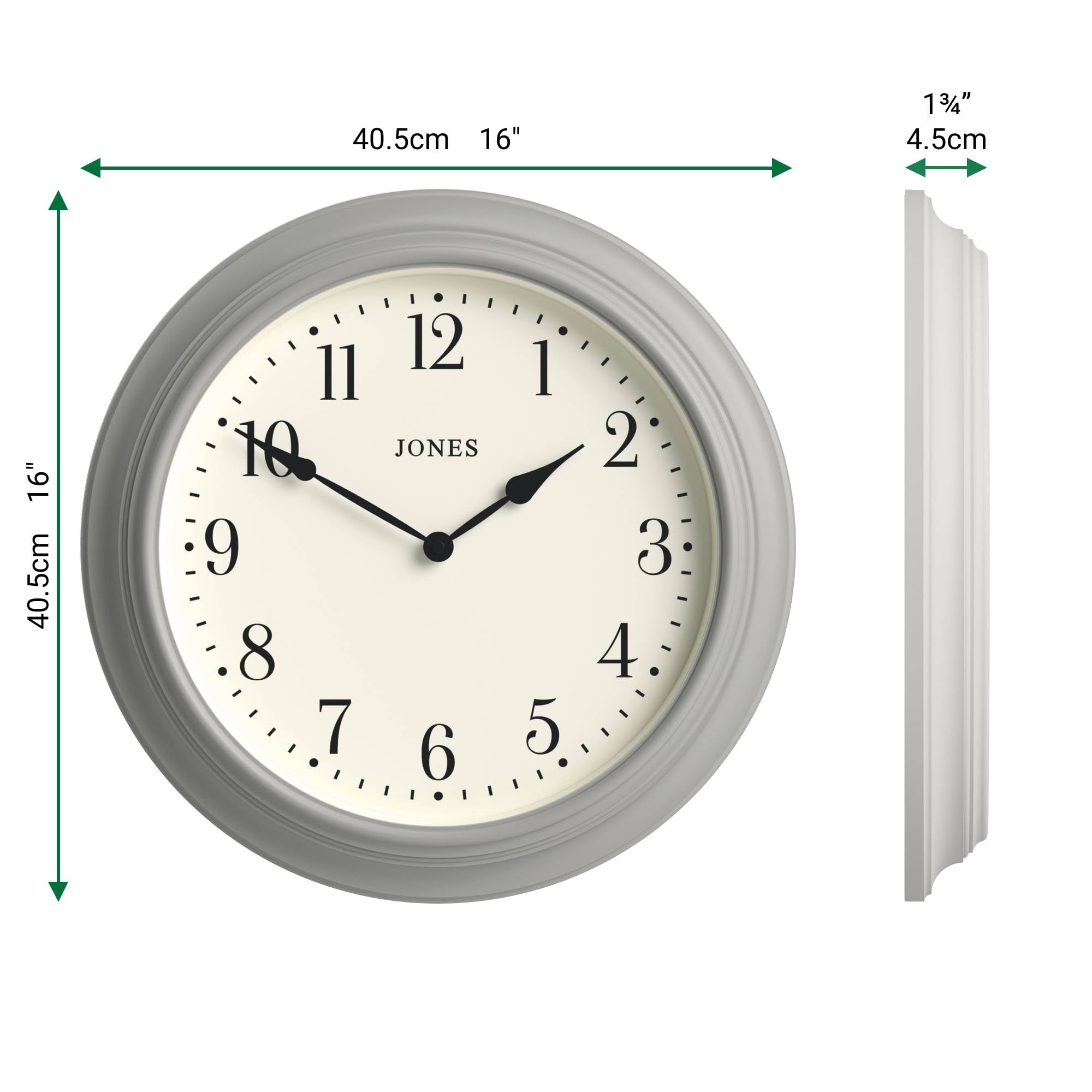 Jones Clocks® Supper Club wandklok | Grote klassieke ronde klok | 40cm | Lichtgrijs | Gemakkelijk te lezen cijfers | Traditioneel ontwerp, ideaal voor keuken of woonkamer