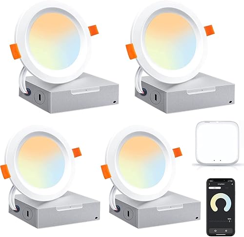 Miniatura 1 de Iluminación LED de techo empotrable de 4 pulgadas, WiFi inteligente que cambia de color, luz empotrada ultrafina, paquete de 4 luces empotradas