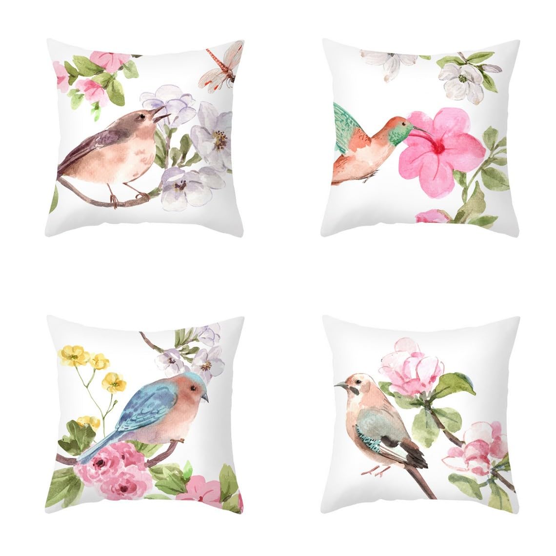 Chenlane Silk Pillow Covers Kids Sofa Cushion Flower And Bird Art Painting, Couch Chair For Living Room Exquisite Prints 40x40 cm, 4Pcs