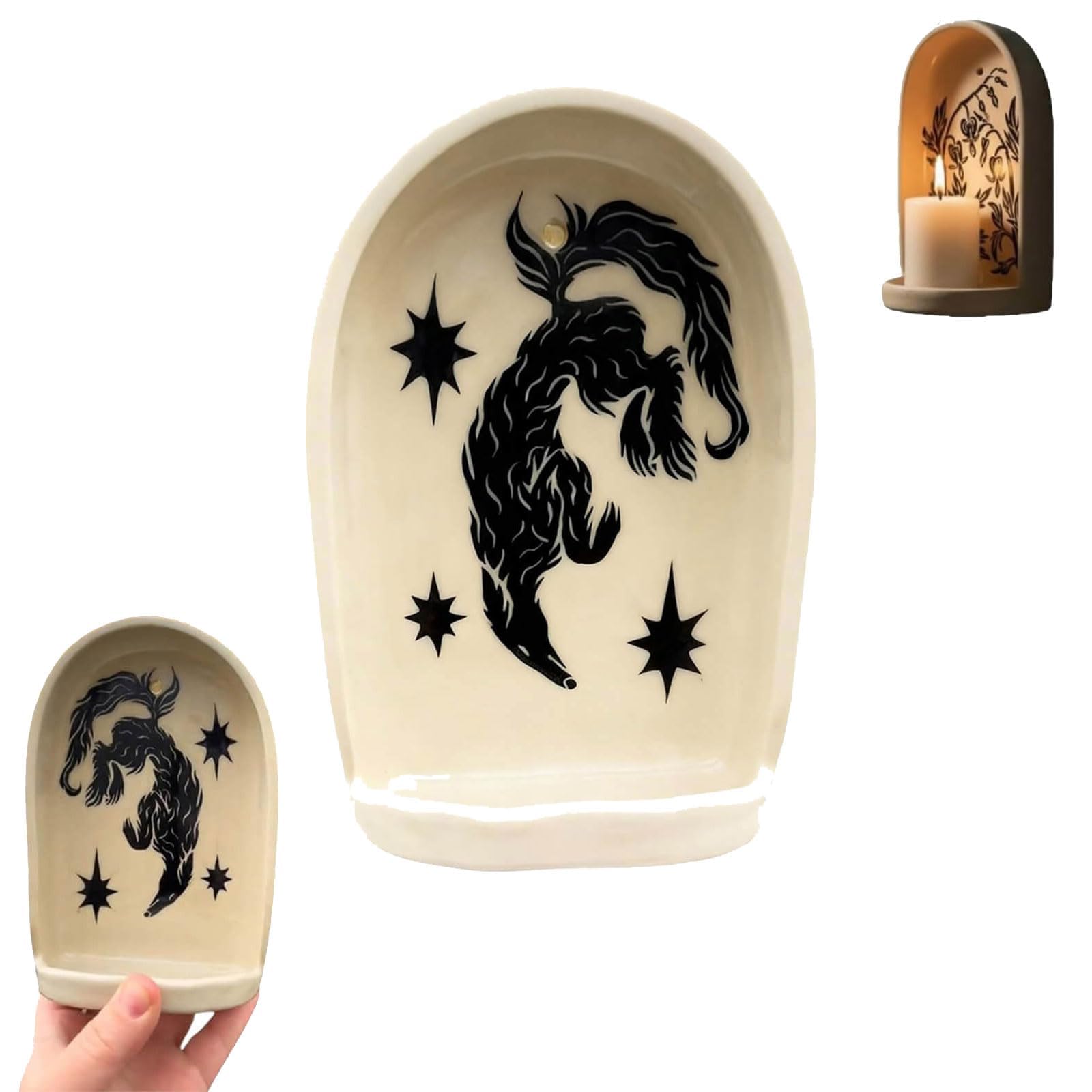 Sacred Wall Niche Collection - Handmade Ceramic Altar with Candle Holder & Jewelry Tray, Decorative Shelf for Meditation Display & Valentine's Day Gift (B)