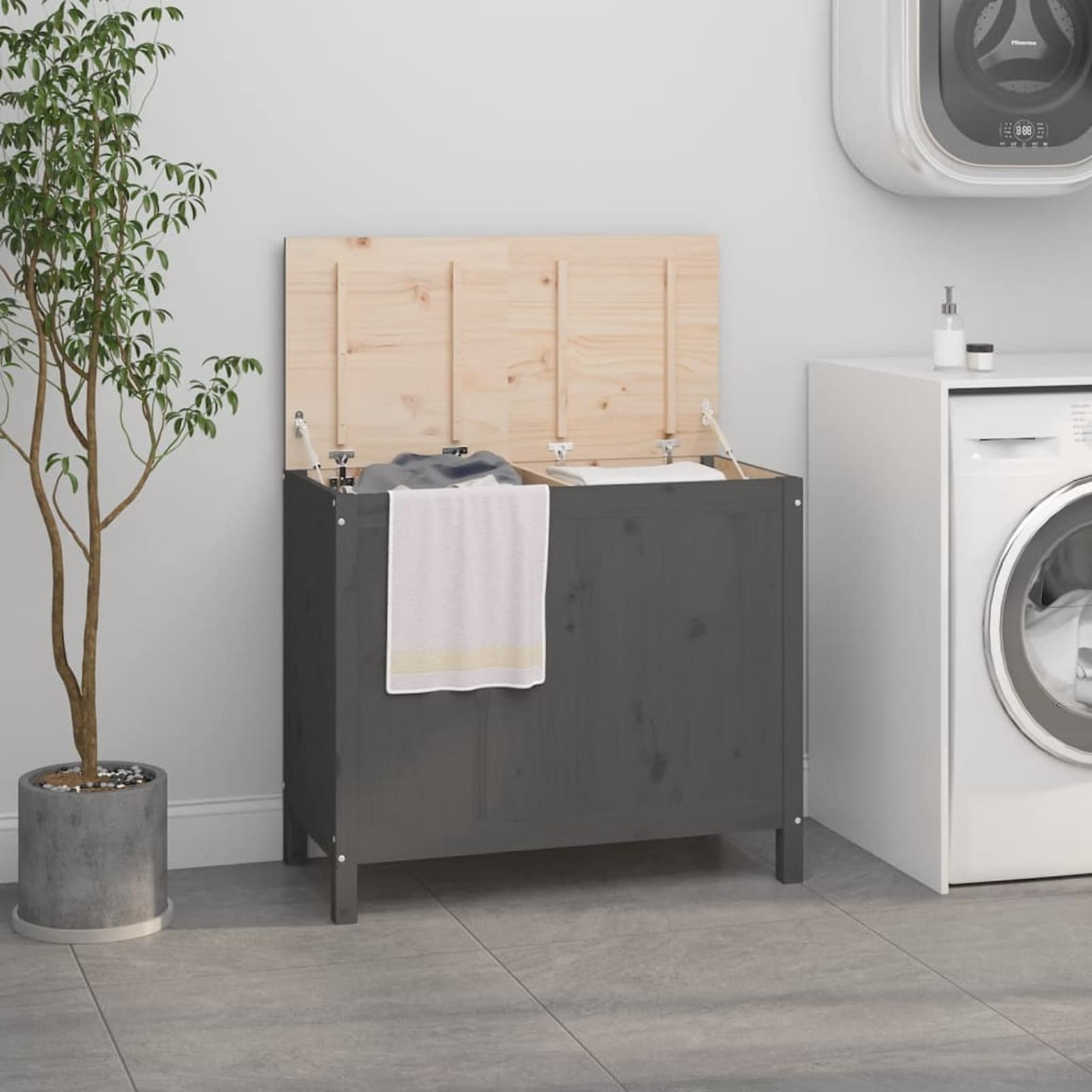 Homgoday Caja para la colada gris 88,5 x 44 x 76 cm madera maciza de pino, muebles, baúles y baúles, contenedor de jardín, porta herramientas de jardín, puf de exterior, baúl de exterior