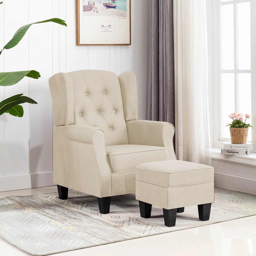 Fotel z podnóżkiem, kremowa tapicerka, 68 x 78 x 94 cm, z wysokim oparciem i drewnianą ramą, mebel wypoczynkowy do salonu, ergonomiczny i wygodny do czytania i relaksu