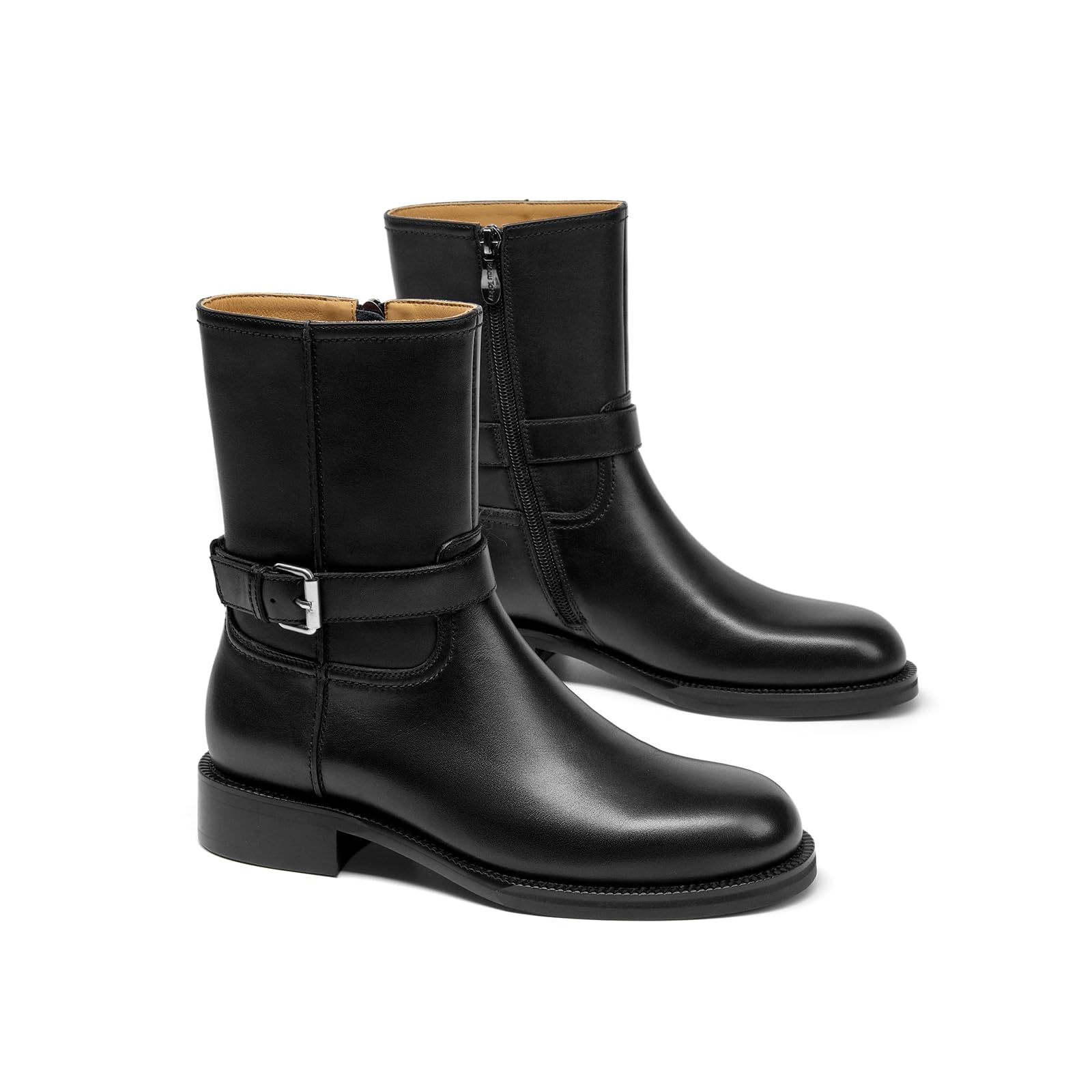 BEAU TODAY Motorcycle Boots Women Genuine Leather Biker Boots with Buckle Strap Womens Round Toe Chunky Low Heel