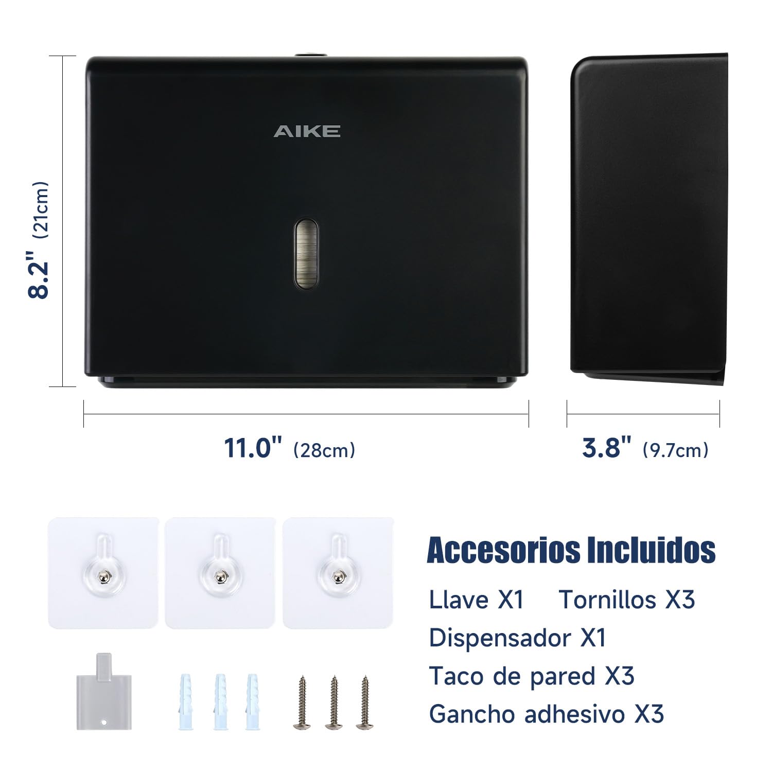 AIKE Dispensador Papel Secamano Pared 200+ Hojas Pliegue Z Toallas Multifold 25.4x7.8 cm Negro AK5102