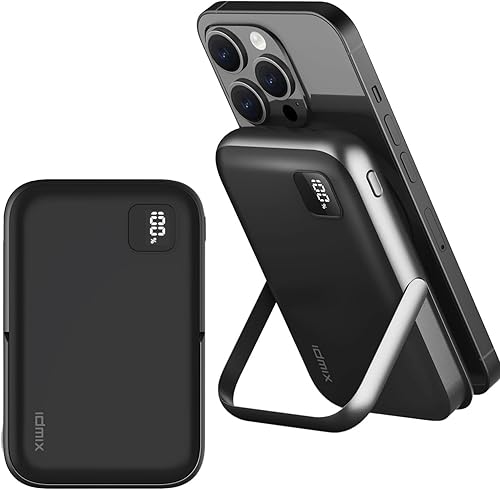 IDMIX, Banco de energía magnético, cargador portátil inalámbrico, 10000 mAh, soporte plegable, batería de carga rápida de 20 W con USB-C, cargador