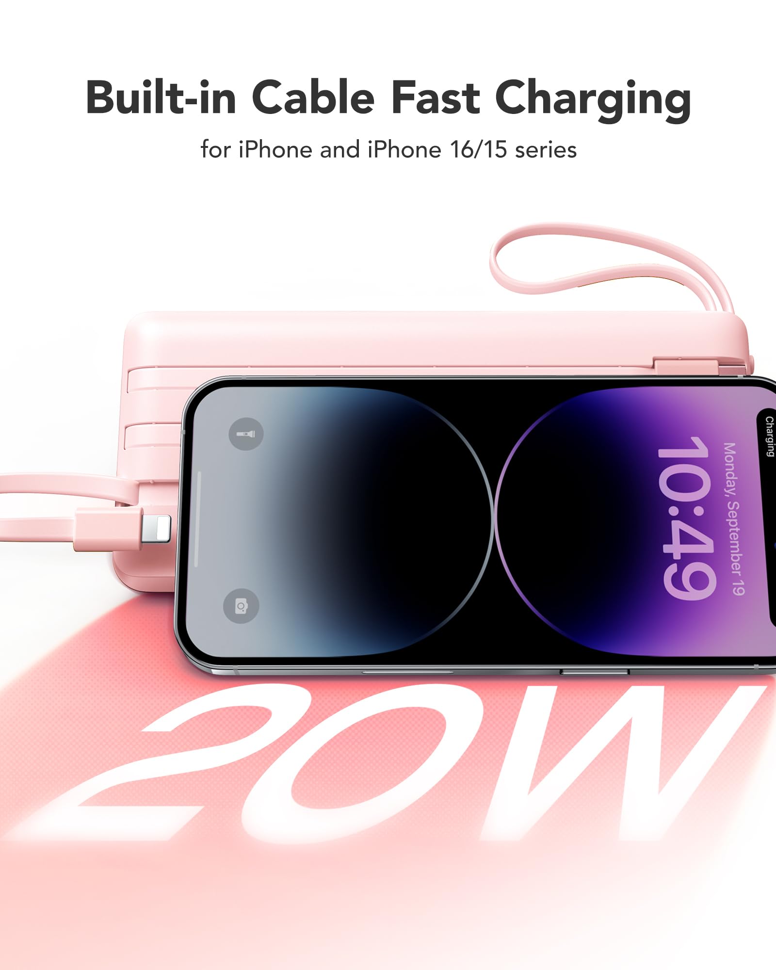 VRURC Power bank, Caricabatterie portatil da 20000mAh a ricarica rapida, tre cavi Micro e USB C integrati, 4 uscite e 2 ingressi Display LED Banco di ricarica per iPhone, Android ecc-Rosa