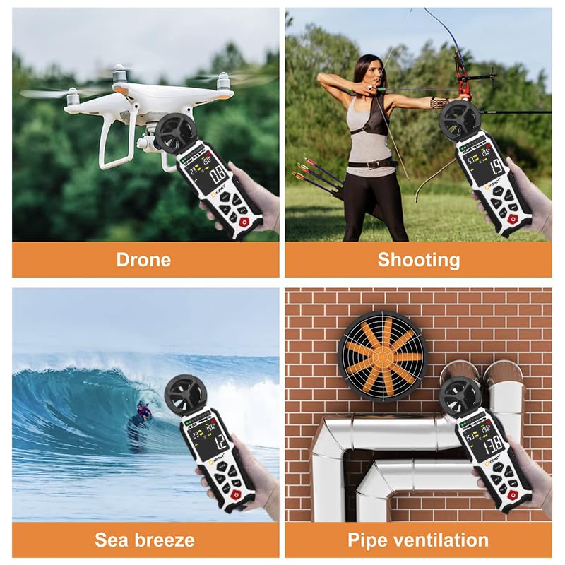 Four images showing the XEAST XE-365 Anemometer being used in various scenarios: drone flying, archery shooting, measuring sea breeze, and checking pipe ventilation.
