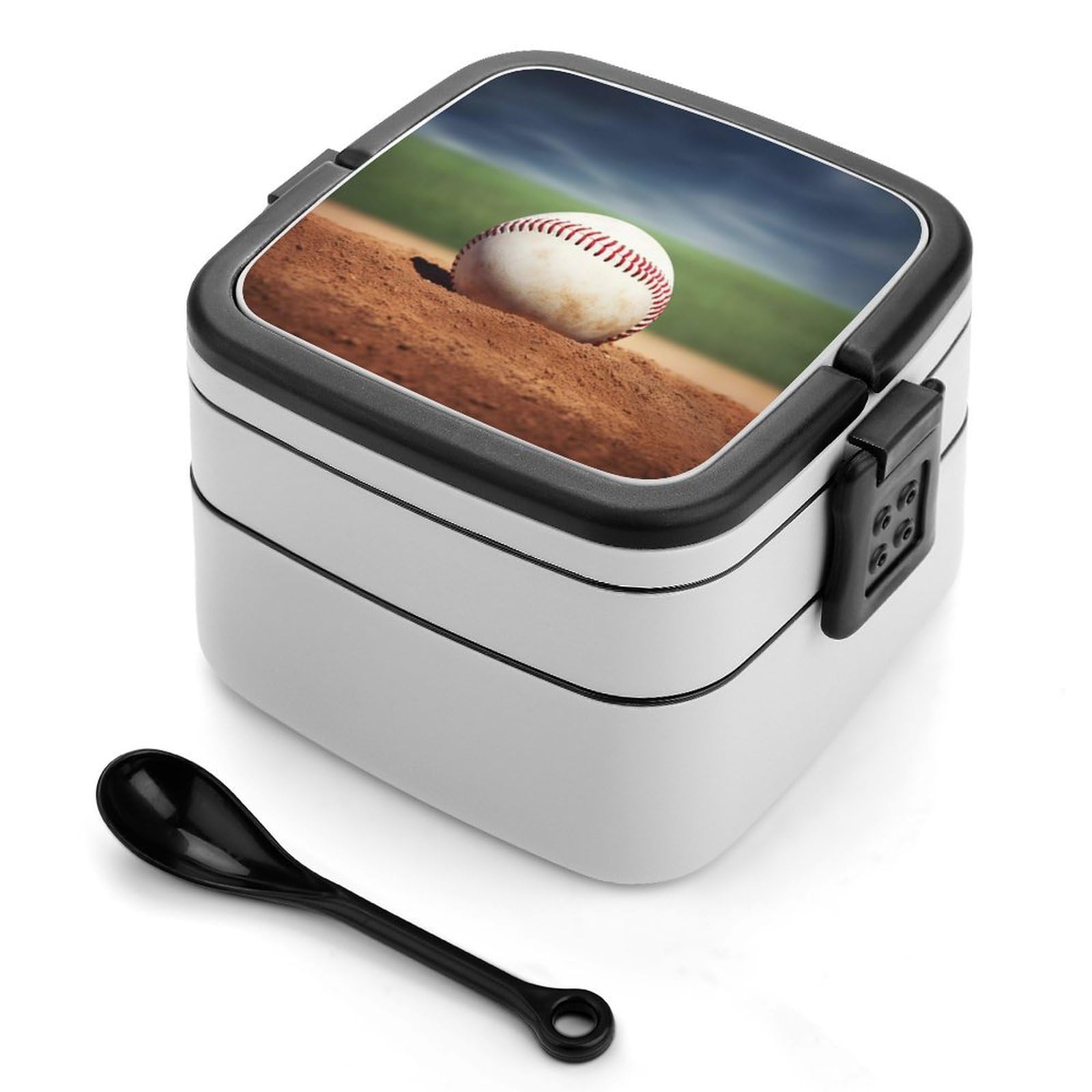 FekiLoot Baseball Bento Box Adult Lunch Box Sealed Bento Lunch Boxes with Spoon Sturdy Double Layer Bento Boxes Snap-on Design Leak Proof Lunch Containers Ideal for Work