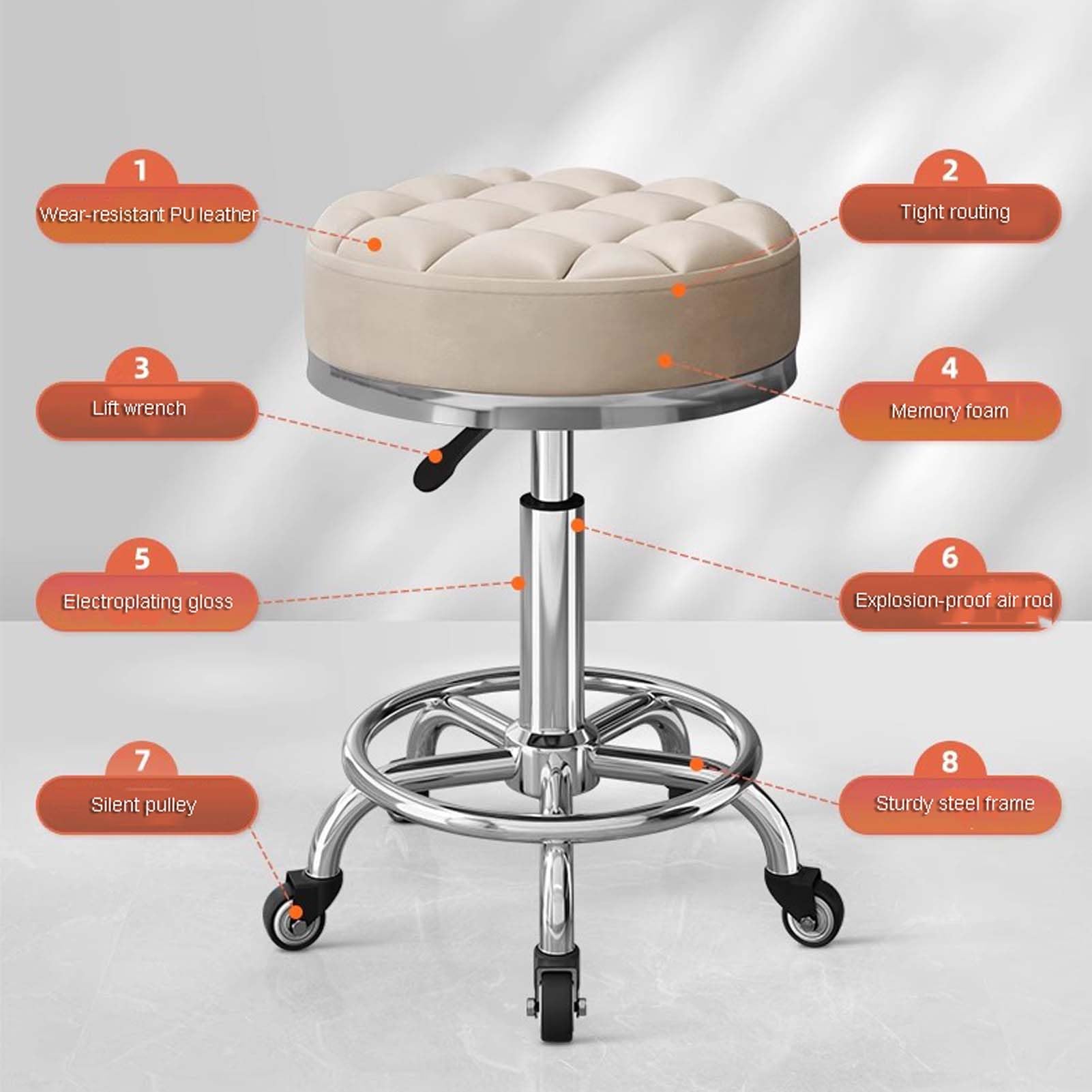 Taburete Redondo De Cuero PU con Ruedas, Taburete Giratorio con Ajuste De Altura para El Hogar Y La Oficina, Taburetes De Masaje para Cocina Y Laboratorio De Dibujo (C)