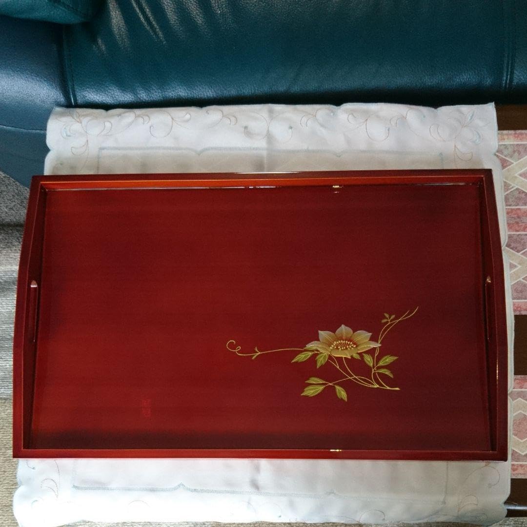 秋田県川連漆器 丸仁工芸 布着本堅地 躑躅森仁右衛門 丸盆 九寸 丸盆