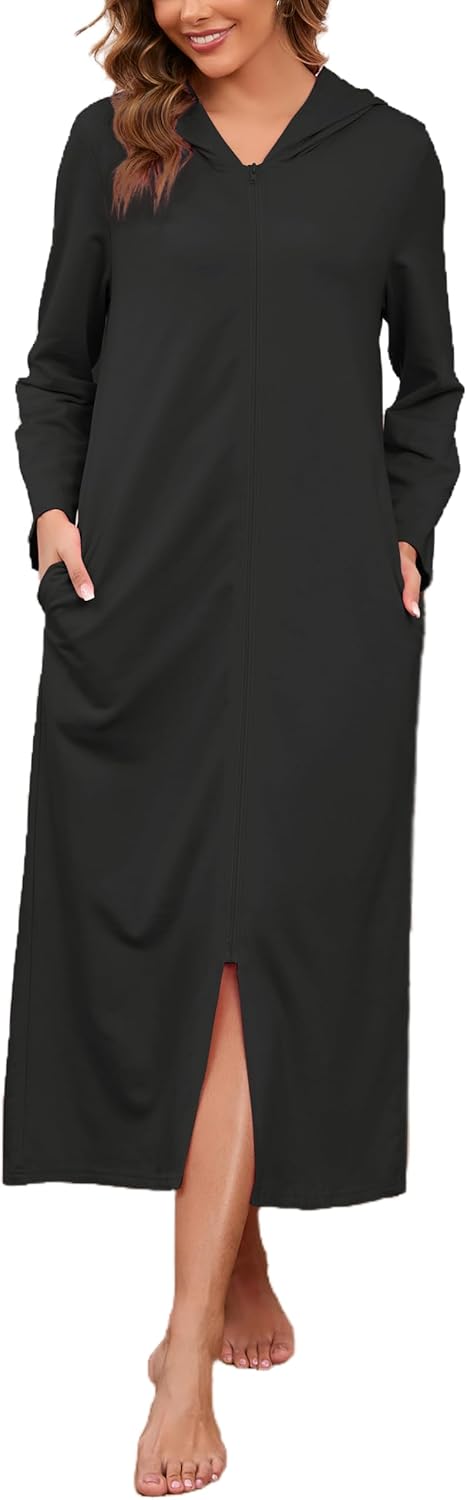 HALCYEEN Womens Hooded Zipper Bathrobe Long Sleeve House Coat Full Length Nightgown with Pockets S-XXL