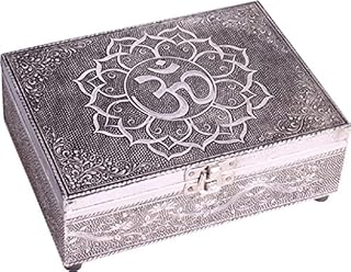 Find Something Different Wooden Embossed Silver Finish Om Symbol Tarot Storage Box, Bamboo, Multicolour, 17.5 x 12.5 x 5.5 cm