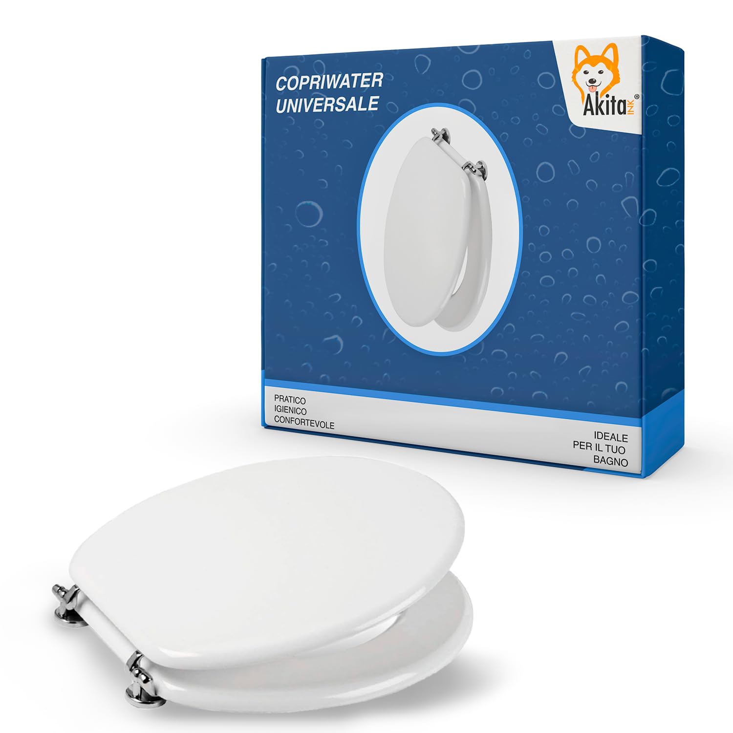 AKITAInk Copriwater Universale in Legno MDF Bianco – Sedile WC per Bagno, Tavoletta Copri WC Resistente con Cerniere in Metallo, Adatto a Tutti i Sanitari Standard