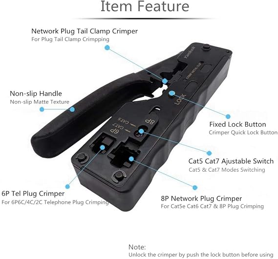 Yankok [CAT5/5e CAT6/6a CAT7 Modular Crimper] Crimps Shielded and Unshielded RJ45 (8P8C) RJ12 (6P6C) RJ11 (6P4C) Network Connectors Ethernet Data and Telephone Jacks Matte Black