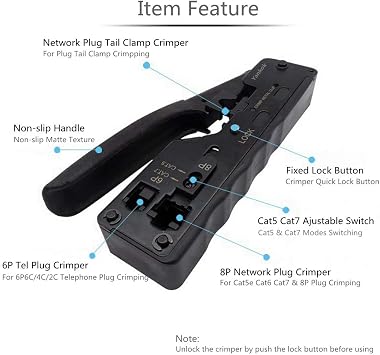 Yankok [CAT5/5e CAT6/6a CAT7 Modular Crimper] Crimps Shielded and Unshielded RJ45 (8P8C) RJ12 (6P6C) RJ11 (6P4C) Network Connectors Ethernet Data and Telephone Jacks Matte Black