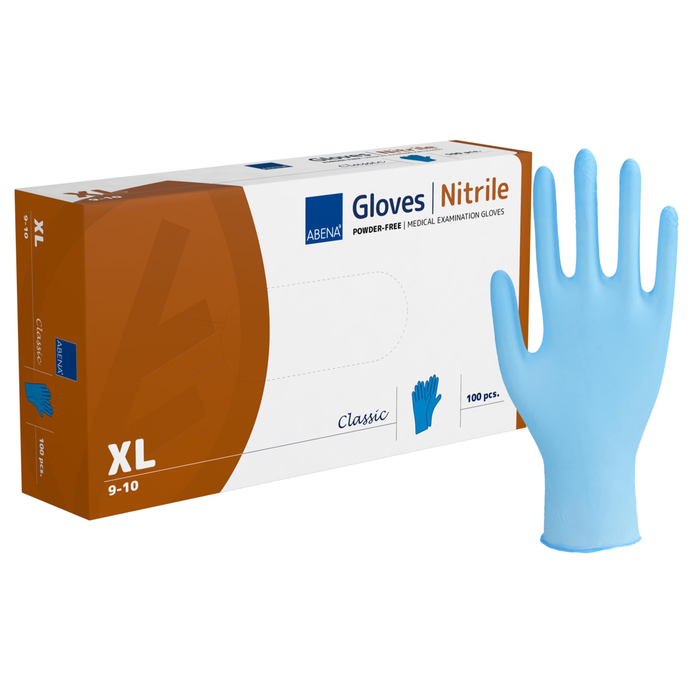ABENA Blue Disposable Nitrile Gloves, X Large, Pack of 100, Powder Free, Latex Free, Examination Gloves for Cleaning, Food Prep, Beauty, Medical & Hygiene, Strong Single Use Protective Gloves