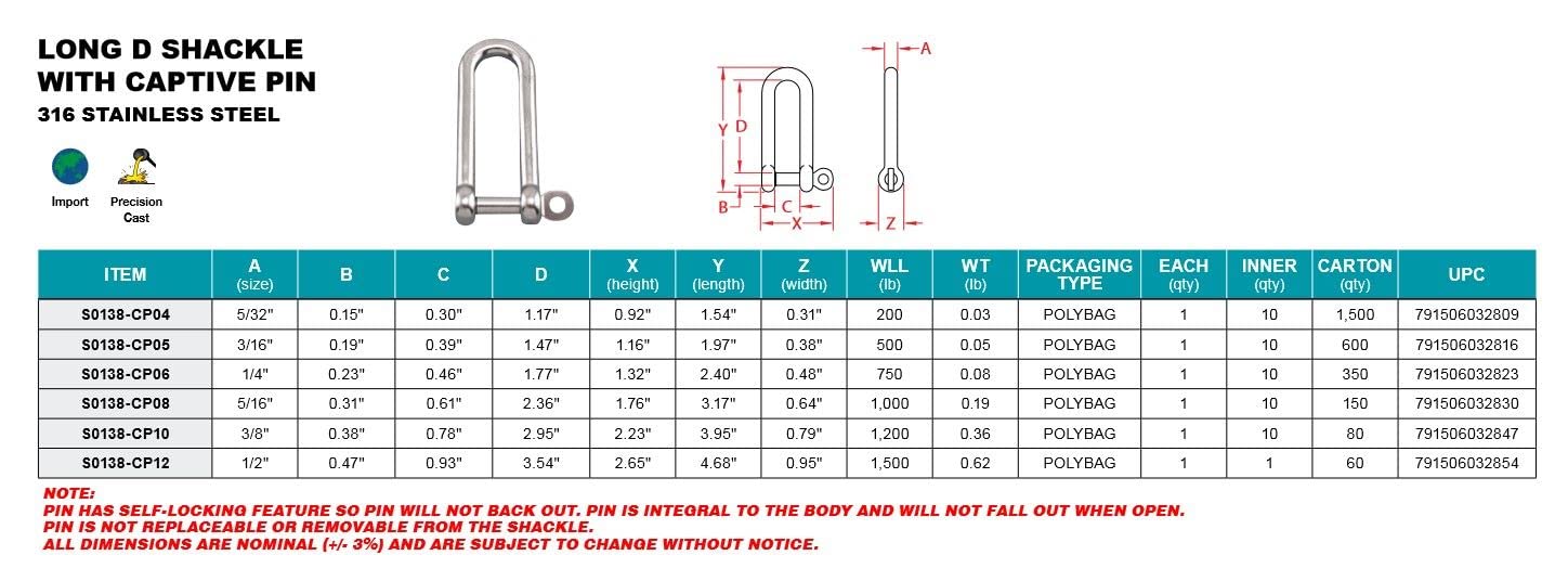 Stainless Steel 316 Long D Shackle 3/8" W/ Captive PIN (S0138-CP10)