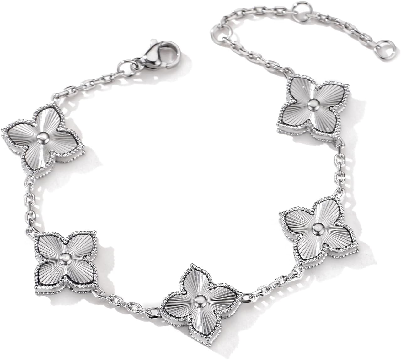 Four Leaf Clover Bracelet for Women 14K Gold Plated Dupes Stainless Steel Link Bracelet Wrist Jewelry (White Gold) - Image 3