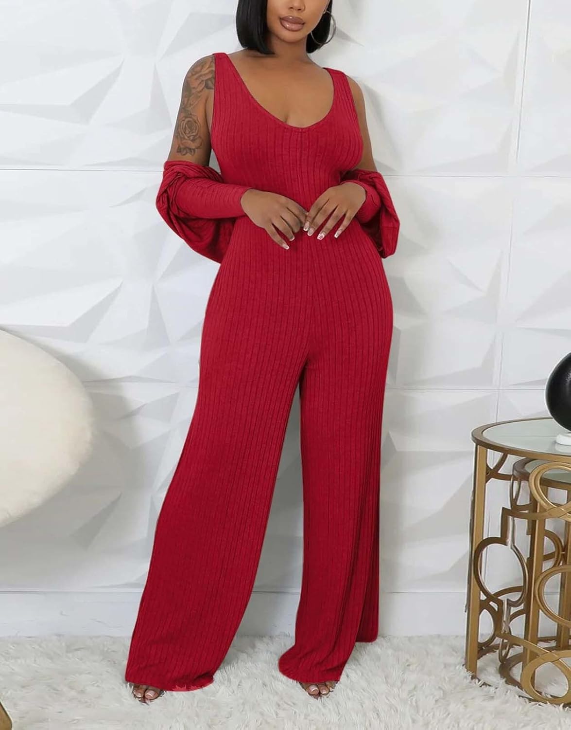 Annystore Sexy 2 Piece Set for Women Fall Outfit Ribbed Knit Long Sleeve Crop Cardigan Wide Leg Pants Set Jumpsuit Clubwear - Image 6