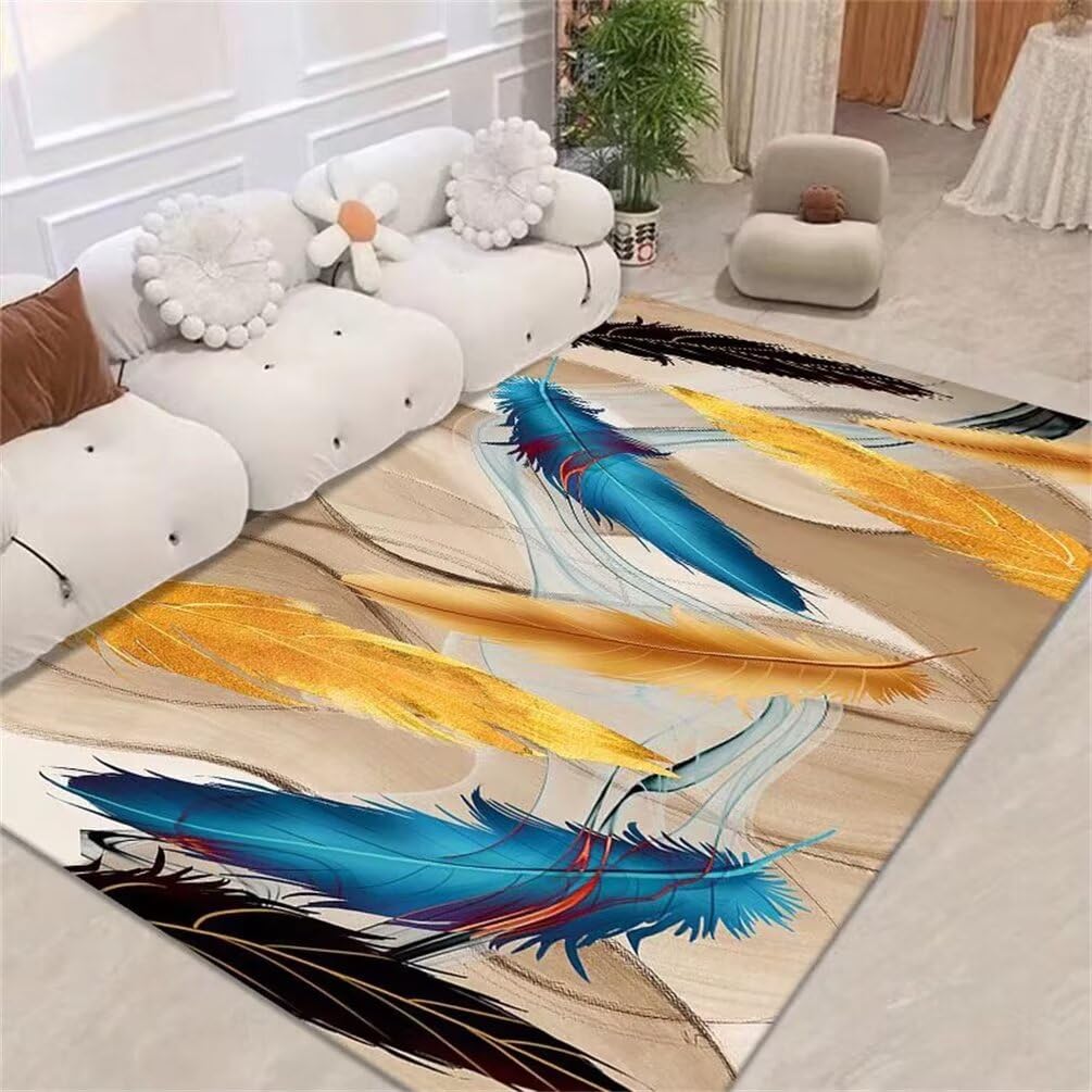 Tapis extérieur balcon lavable intérieur jaune plumes bleues