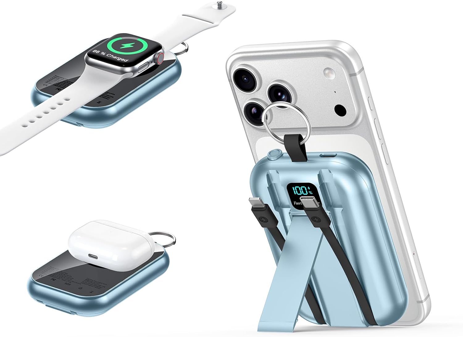 for MagSafe Portable Charger, 10000mAh Power Bank with Built-in 2 Cables