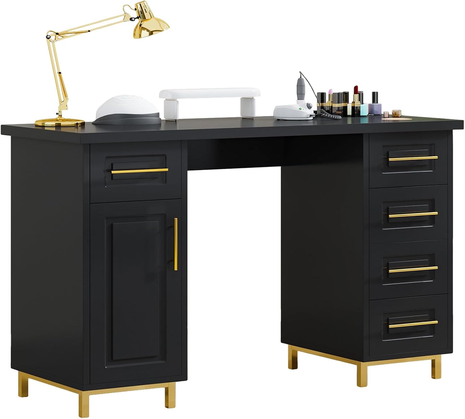 MaverickFurni Black and Gold Nail Tech Desk with Drawers, 43 Inch Manicure Table with Storage for Nail Tech, Nail Makeup Beauty Salon Table with 5 Drawers and Cabinet, Wooden Salon Spa Desk
