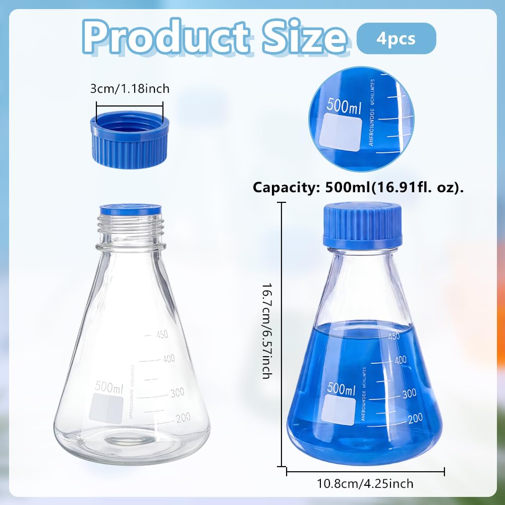 OLYCRAFT 4 Erlenmeyerkolben Set Mit Blauem Deckel 500 ml Aus Glas Mit Aufgedruckter Graduierung Konische Glasflaschen Mit Blauem Deckel Für Laborexperimente