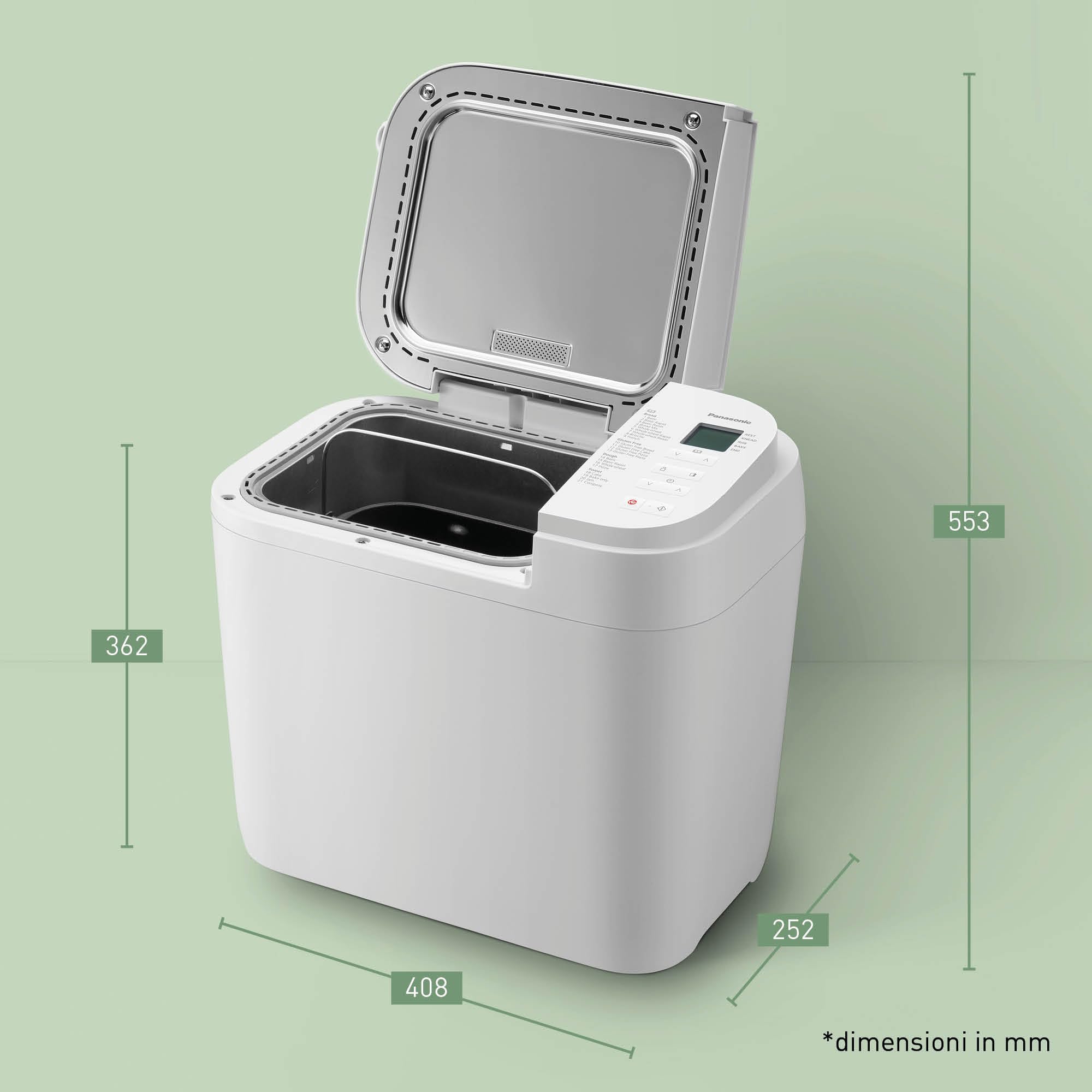 Panasonic SD-B2510WXE Macchina per il Pane Automatica, Programma Senza Glutine, Modello Orizzontale, 21 Programmi Automatici, Doppio Sensore di Temperatura, Timer Digitale 13 Ore, Display LCD, Bianco