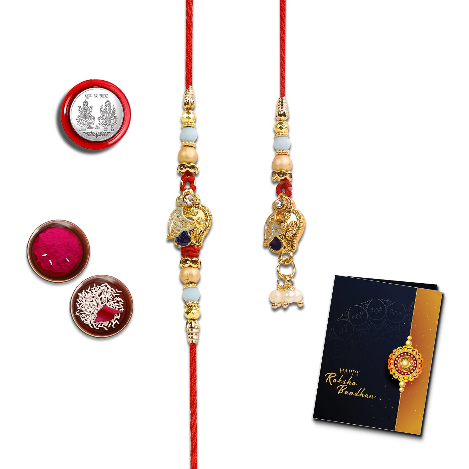 oblivion Rakhi Set for Bhai and Bhabhi –Elegant Gold Flower for Bhai 1 Pc and Lumba for Bhabhi 1 Pc – Silver Color Pooja Coin and Greeting Card Combo-picture-18