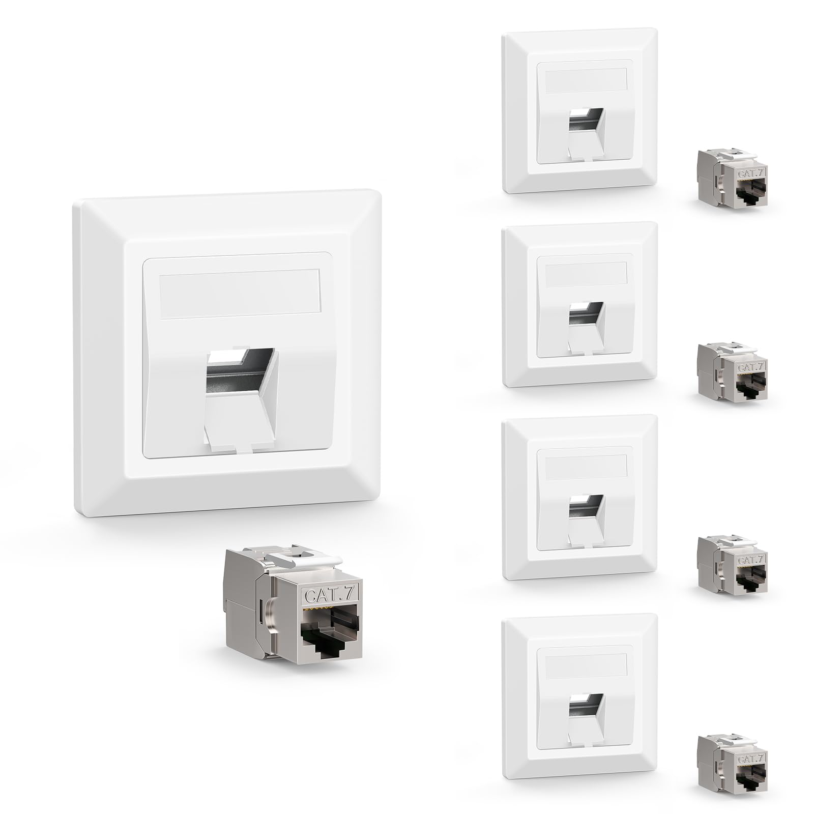 VCELINK Keystone - 5 prese di rete da incasso, CAT7, 1 porta, LAN, modulo Keystone RJ45, 10 Gbit/s, RJ45 Ethernet, presa dati DSL, cavo patch, cavo di installazione, bianco
