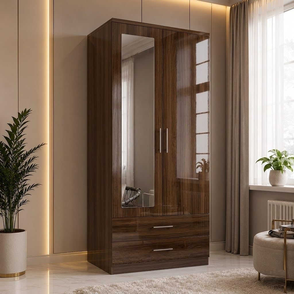 AM MALL 2 Door Mirror Wardrobe High Gloss Fully Assembled Bedroom Furniture Robe with Drawers & Dual Hanging Rails, Walnut