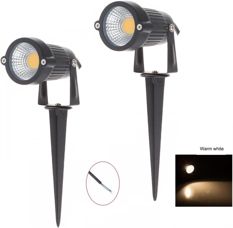 LemonBest® High Power Outdoor Decorative Lamp Lighting 5W COB LED Landscape Garden Wall Yard Path Light Warm Cool White DC 12V w/Spiked Stand, Pack of 2 (Warm White)