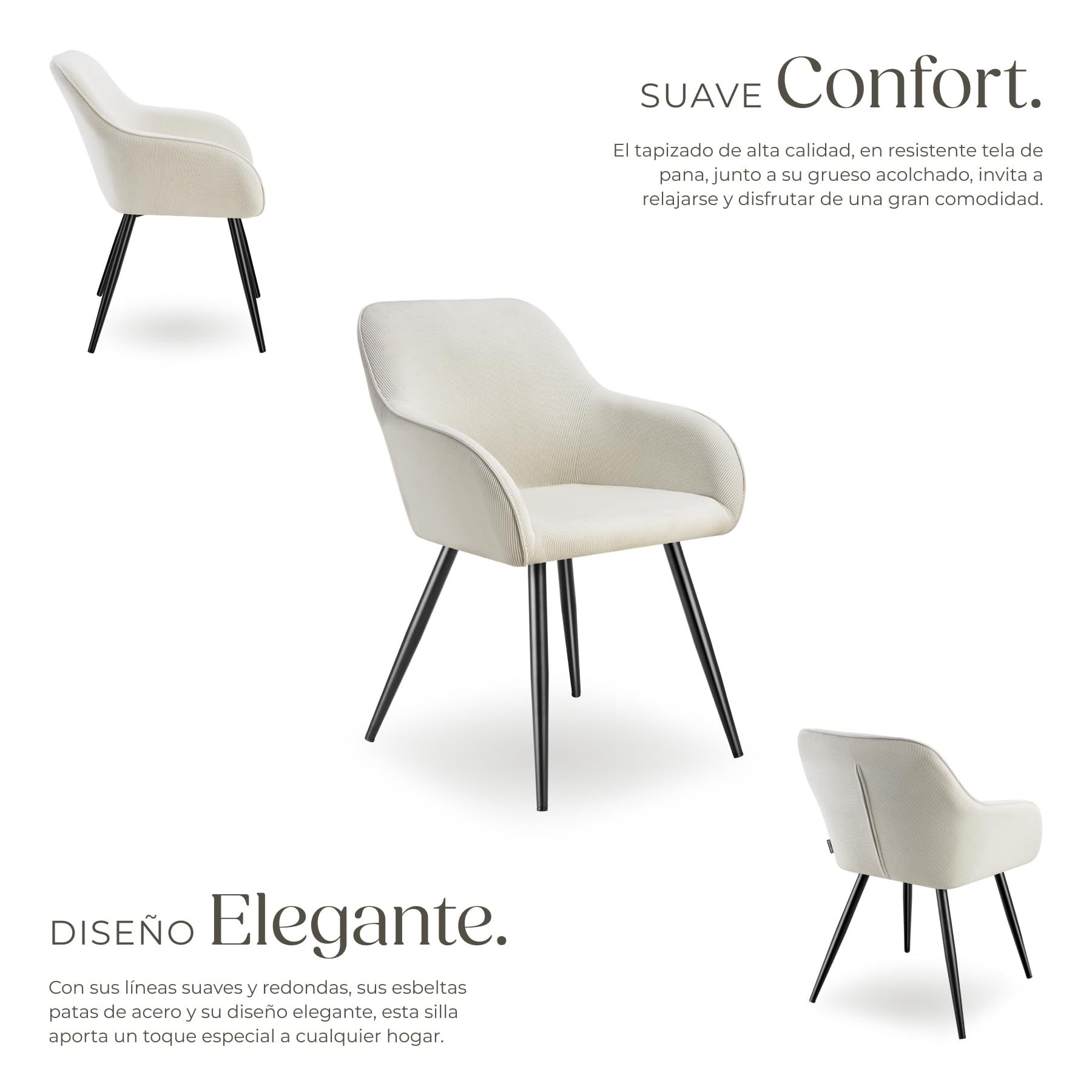 tectake® Sillas de Comedor, Silla Acolchada con Tejido de Pana, Respaldo Continuo, Patas de Acero Robustas, Muebles Comedor, Sillas Comedor Modernas, Silla Comedor Nordica - 1 Silla Crema/Negro
