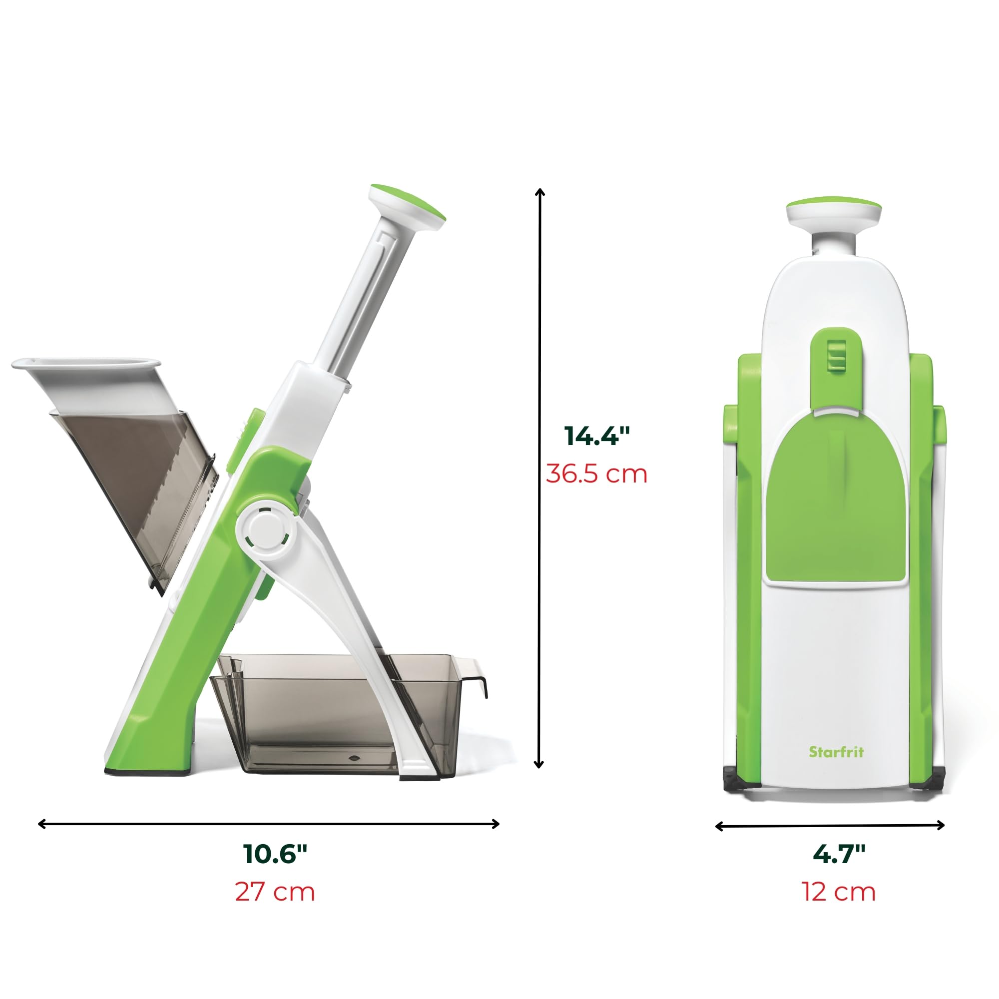 Starfrit Pump'n'Slice - Mandolina vertical, cortador y picador de alimentos, seguro | Cuchillas cerradas seguras. Corte ajustable. Juliana y dados. Ideal para frutas y verduras. Se pliega para almacenamiento.