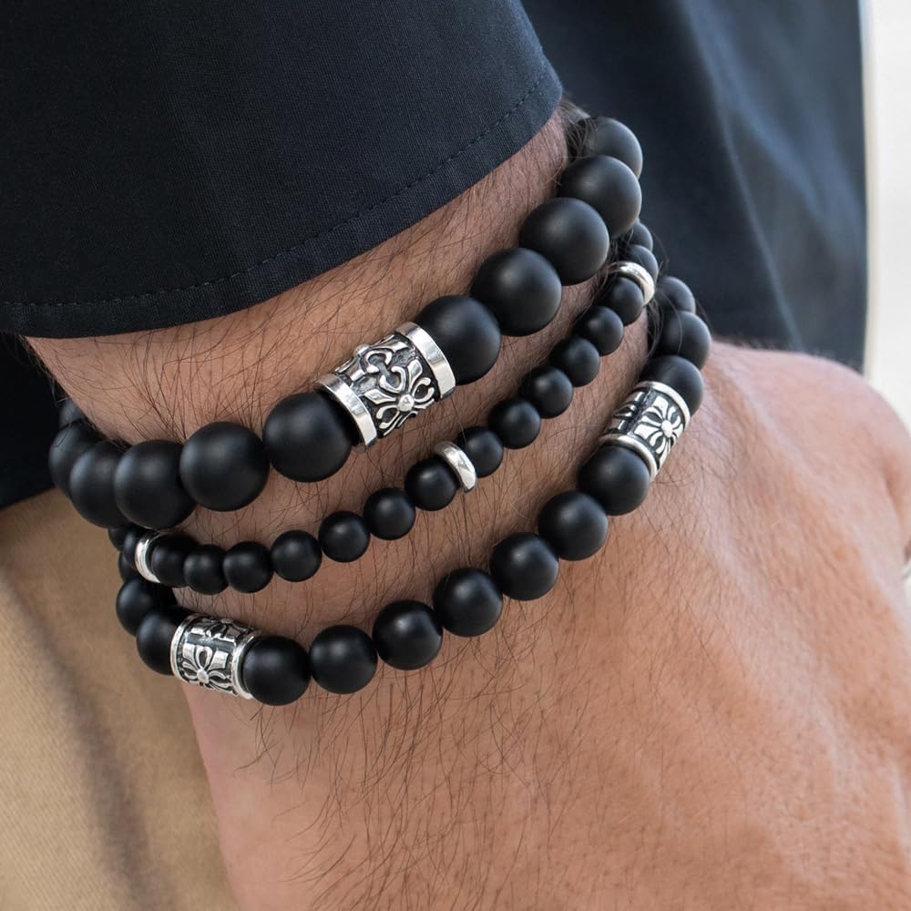 VY JEWELRY Matte Black Onyx Beaded Bracelet 6/8/10MM Dia Stones with 925 Sterling Silver Beads for Men and Women - Image 4