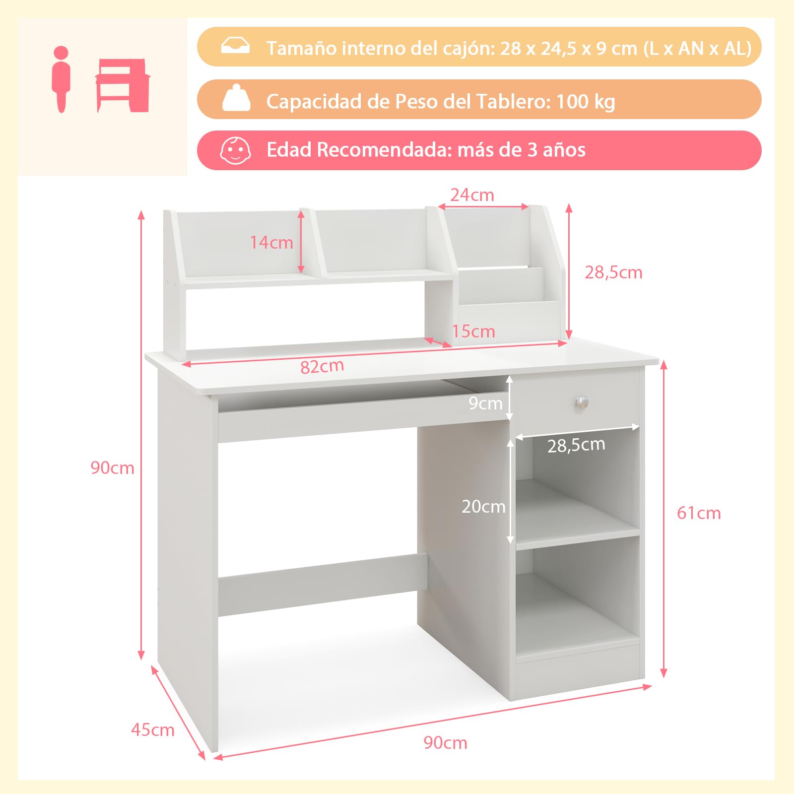 GOPLUS Escritorio Infantil de Madera con Cajón, Mesa Juvenil con 4 Estantes Abiertos, Bandeja para Teclado, 3 en 1 Escritorio para Niños con Dispositivo Antivuelco, 90 x 45 x 90 cm (Blanco)