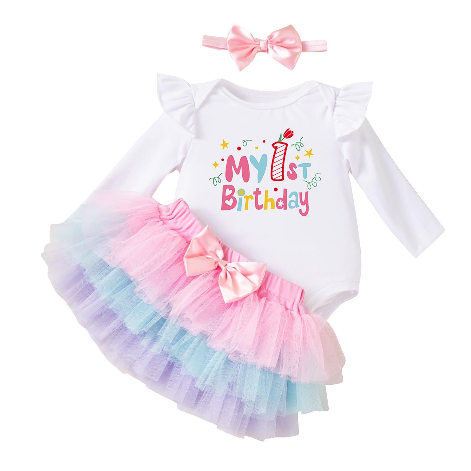 My First Birthday Outfit for Baby Girls Cute Romper Tutu Skirt Set with Bowknot Headband Ruffle Long Sleeve Cotton Bodysuit Mesh Tulle Skirts 2 Piece Onesie