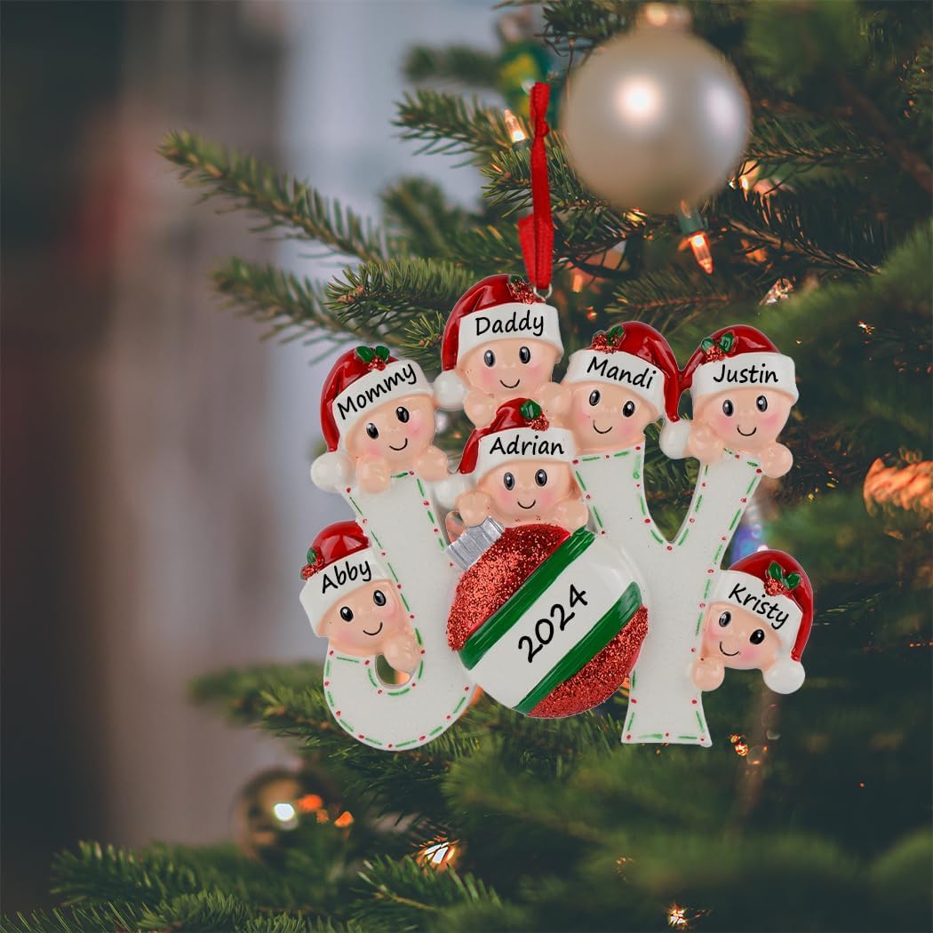 Family of 7 Christmas Ornament 2026 Personalized Joy Letter Tree Decor | Hand-Painted Polyresin, Family Ornament with Names, Parents with Five Kids, Grandparents and 5 Grandkids, Family Reunion