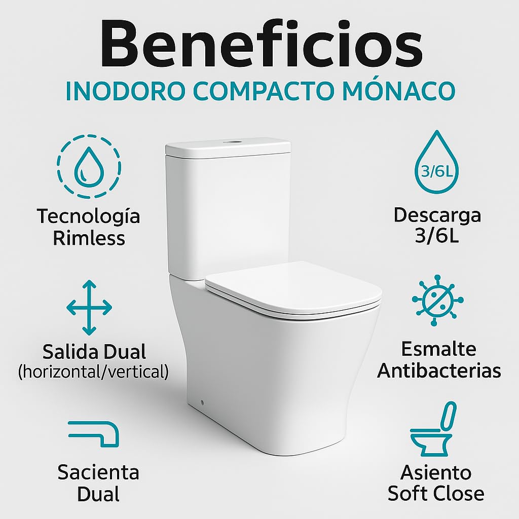 Novo bath - Inodoro Compacto Rimless Serie Mónaco – Estilo Tipo The Gap, Doble Descarga 3/6L, Salida Dual, Asiento UF Soft Close, Cisterna Incluida, Esmalte Antibacterias, Pegado a Pared