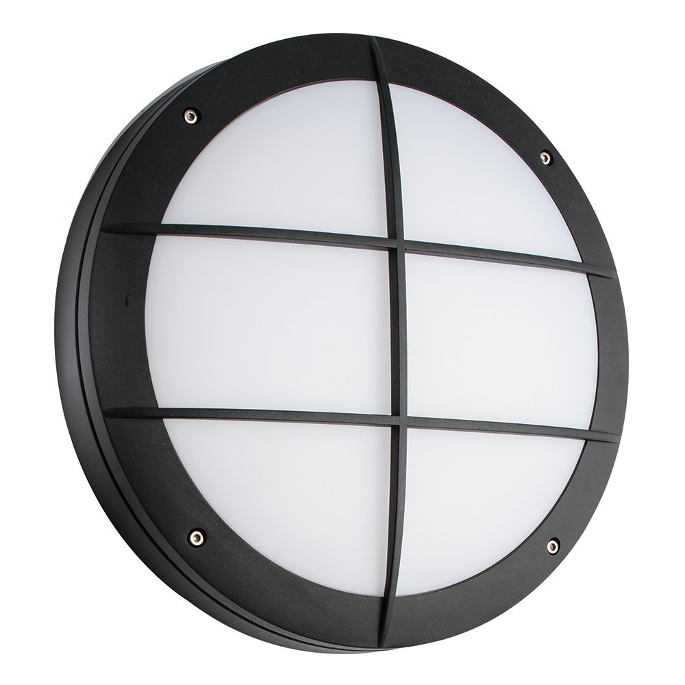 LUIK IP65 Outdoor 18W Grill Black Round Security Porch Robust Polycarbonate Slimline LED Bulkhead Light with Microwave Sensor