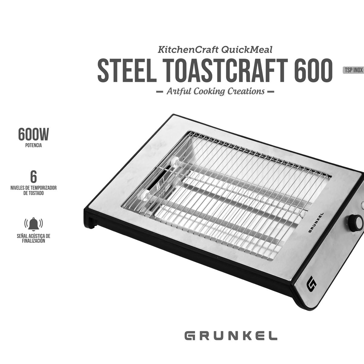 Grunkel - Tostapane per pane piatto per 4 fette da 600w TSP-INOX con 6 livelli di timer e segnale acustico di completamento. Include vassoio raccogli briciole rimovibile (Inox)