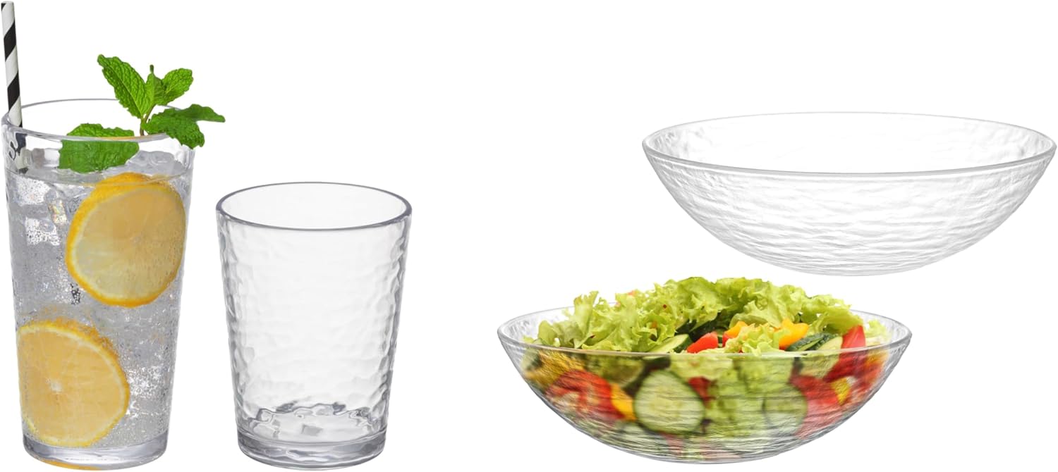 KLIFA 2pcs of Big Acrylic Mixing Bowls & 8 pcs of Acrylic Tumbler & Highball Drinking Glasses, Clear