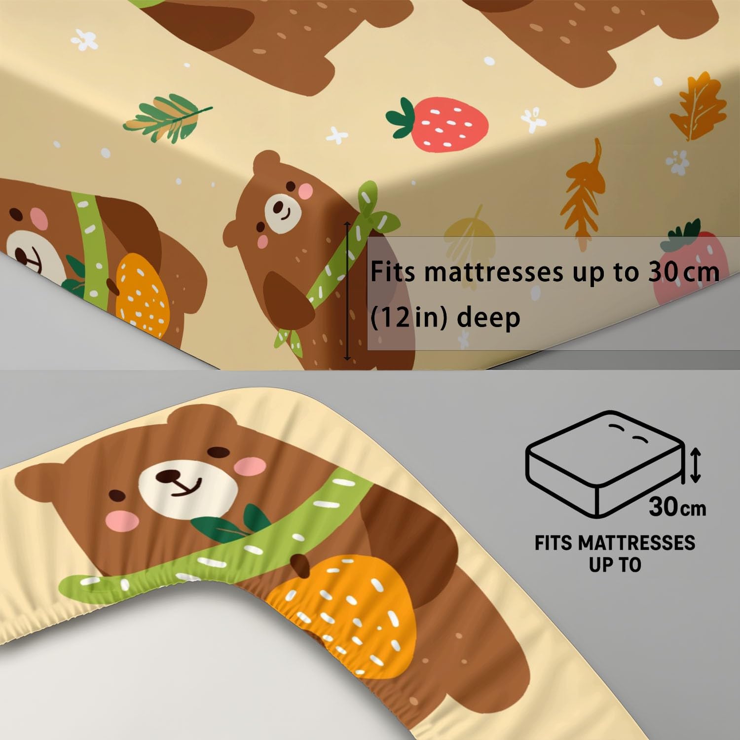 Süßer Teddybär mit Beeren Spannbettlaken 200 x 200 cm - Bettlaken Pflegeleicht, Gemütliche Cartoon-Illustration, Bettwäsche-Set, 3-teiliges Kinderzimmer & Babyzimmer